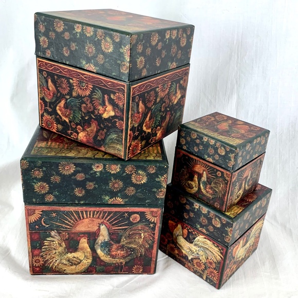 Vintage Bobs Boxes 4 Stacking Nesting Roosters Chickens Rise and Shine Excellent - Picture 1 of 13
